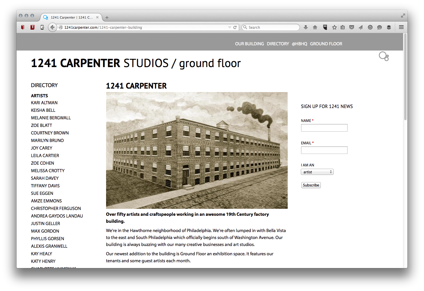 Building history, mailing list, and artist list Building history, mailing list, and artist list