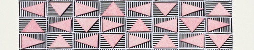 Pink triangles in a horizontal grid, floating over a layer of black and white striped rectangles. Rotating Triangles (Pink on Black) #2 by Bill Brookover