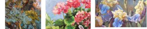 spring, welcome, exhibit, Teresa Farina, McWilliams, tulips, flowers, iris, blue yellow, Oriental lilies, geraniums, pink, green, red, trees, landscape, flower pots, gardening, art show, oil, pastel, watercolor