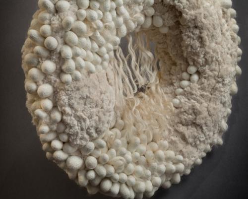 Densities1, detail, tufts of repurposed upholstery cotton, silk and silk cocoons , metal, 23" dia x 5"