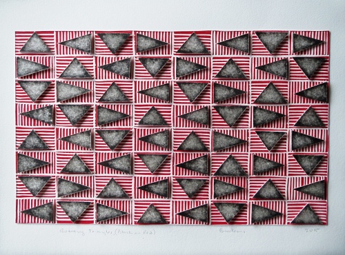 Black and white triangles in a horizontal grid, floating over a layer of red and white striped rectangles. Rotating Triangles (Black on Red) by Bill Brookover