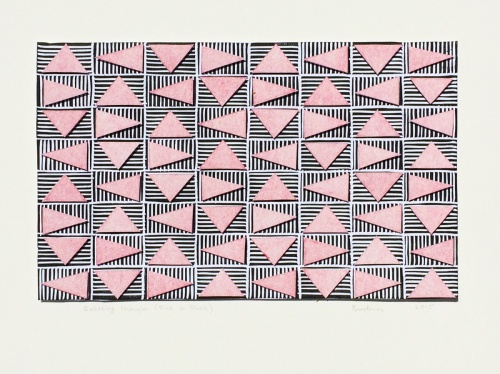 Pink triangles in a horizontal grid, floating over a layer of black and white striped rectangles. Rotating Triangles (Pink on Black) #2 by Bill Brookover