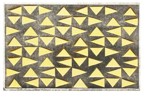 Vibrating Triangles (Gray on Yellow) relief collage by Bill Brookover