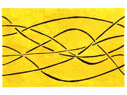 Six dark lines move and weave from left to right over varigated yellow background