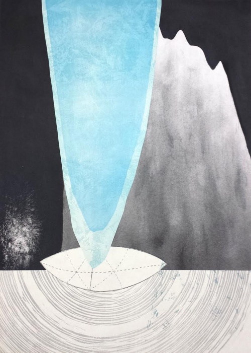 Rebecca Gilbert: Cave, woodcut, screen print, Xerox transfer, charcoal