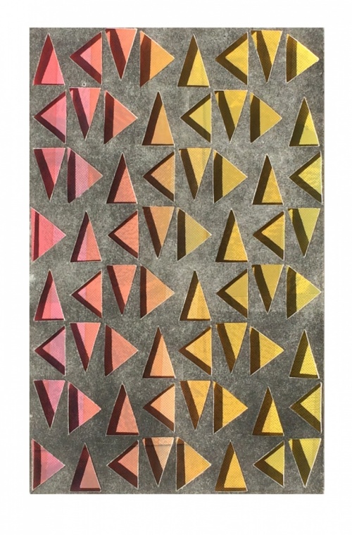 multicolor red, yellow & orange triangles in a vertical grid, seen through a top layer of dark gray. Atmospheric Triangulations #2 (Pink on Black) by Bill Brookover