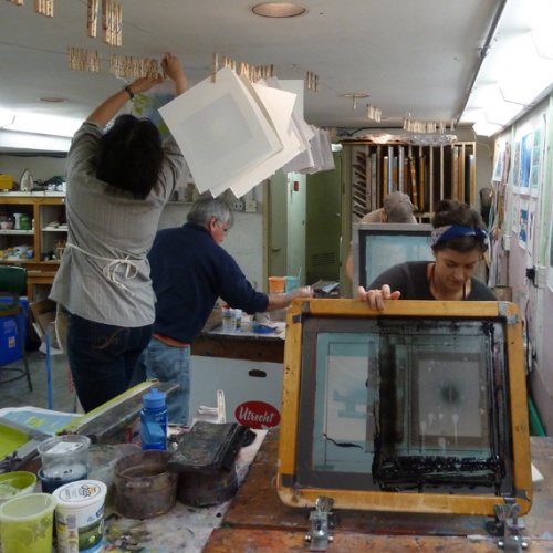 Students working in the screenprinting studio