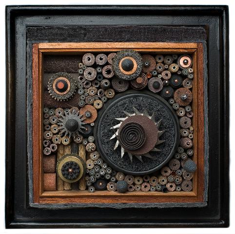 artwork by Carol Wisker Artist, urban machine, mixed media. 12" x 12"