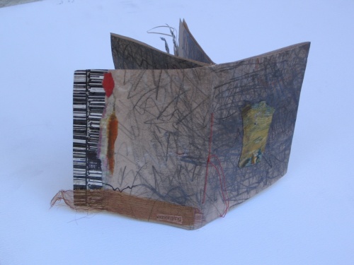 Cover, One sheet book from drawing collage with found words and object, stitching