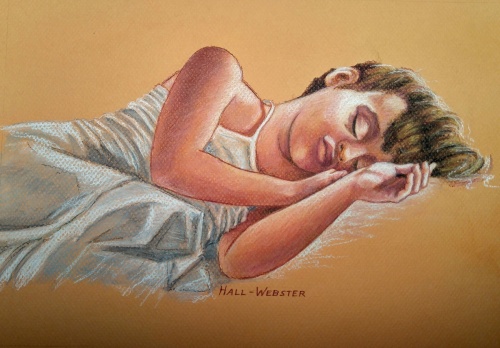 This is a pastel drawing of a sleeping child with the morning light falling on her figure.