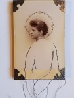 Maryann Riker - The Saint of Unfulfilled Desires - Stitched vintage cabinet card of young woman depicted as sainted icon with stitched halo of pearls